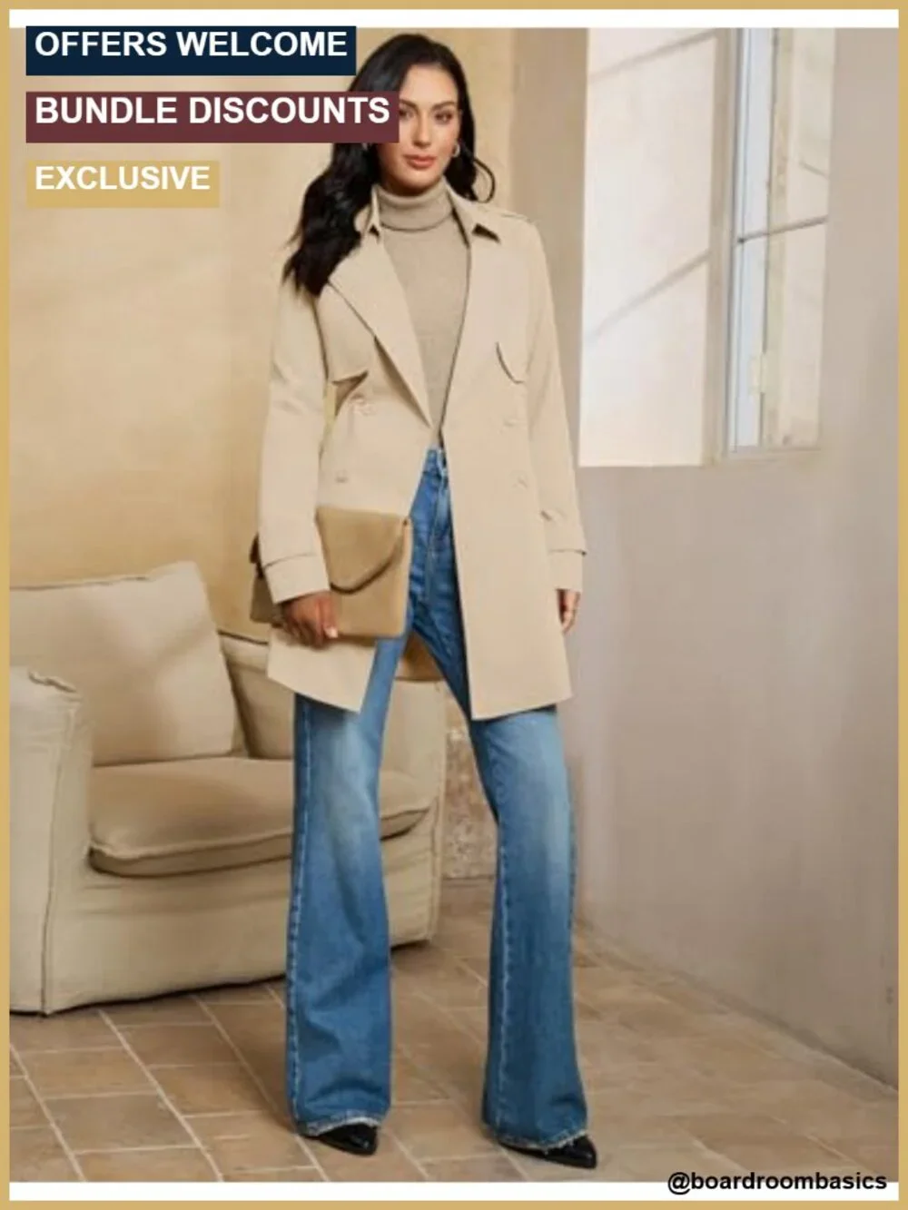 Women's Double Breasted Trench Coat with Belt Long Sleeve Business Casual Fall